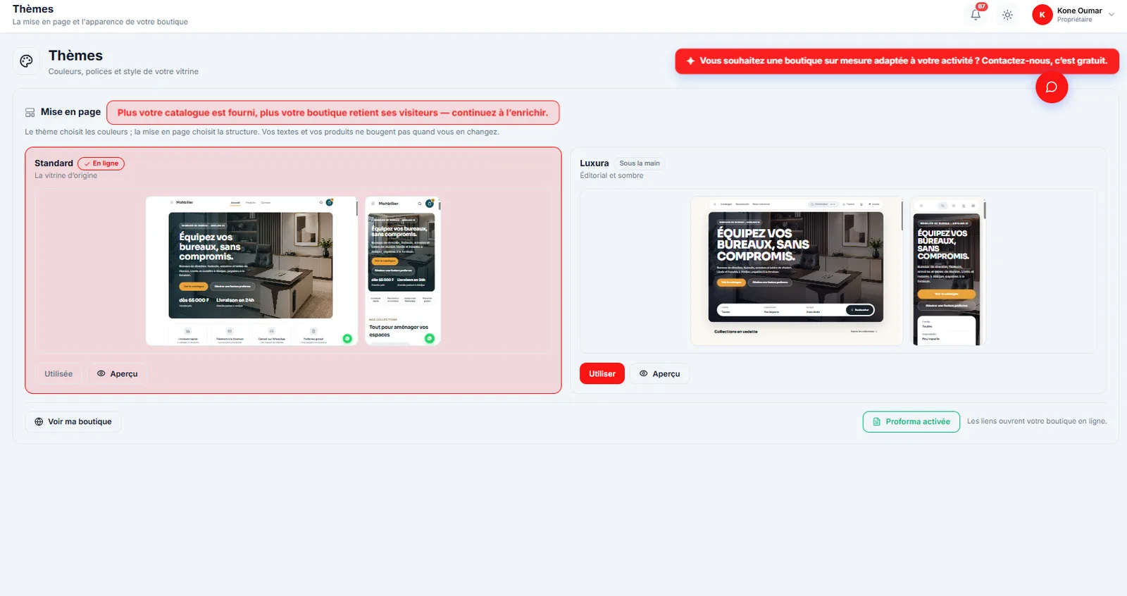 La boutique en ligne d'un commerce, alimentée par les articles saisis dans N Business OS
