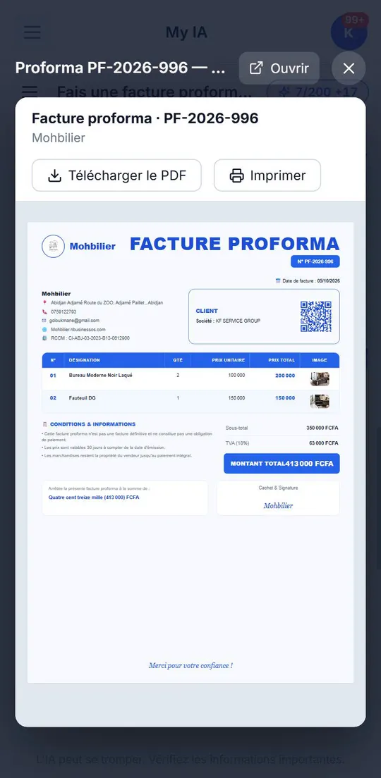 L'assistant My IA de N Business OS prépare une facture à partir d'une demande écrite en français