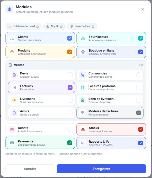 La liste des modules de N Business OS, à activer selon son commerce